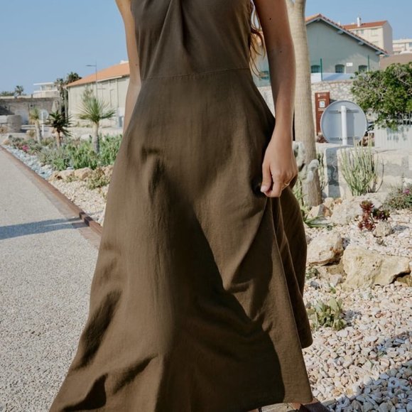 NWT // Zara Linen Blend Midi Halter Dress - Khaki Green - Picture 2 of 7